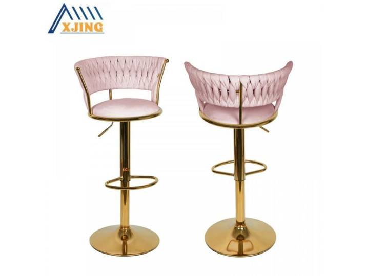 XJING Lot de 2 tabourets de bar en velours-Tabourets de bar modernes en velours-Pieds en métal-Dossier tressé-Hauteur réglable