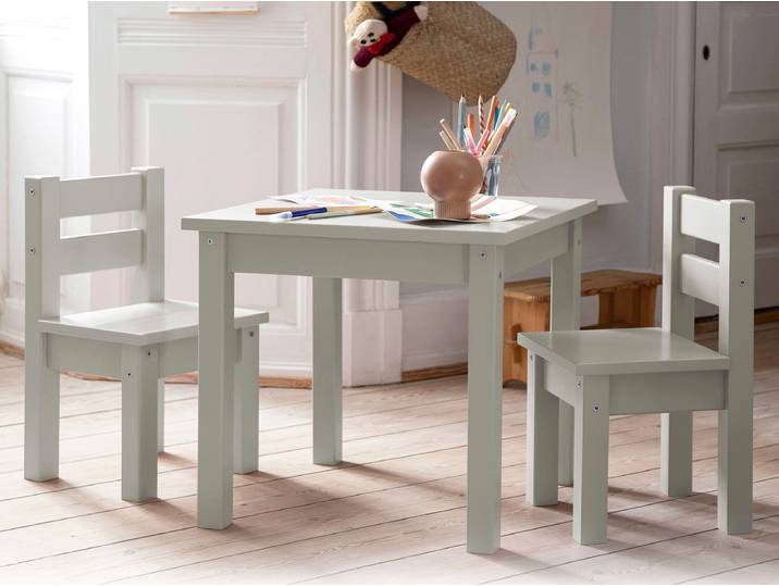 Kindersitzgruppe HOPPEKIDS MADS aus Massivholz mit Kindertisch & passenden Stühlen , grau (hellgrau), FSC-zertifiziertes Kiefernholz und MDF. Lack auf Wasserbasis ohne schädliche Substanzen und unnötige Chemie., Sitzmöbel-Sets, in mehreren Farben, bietet viel Platz zum Spielen, Basteln und Malen