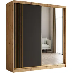KLEIDERSCHRANK mit Spiegel-Schiebetüren und Aluminium-Leisten, LED-Beleuchtung - NALLA - 200 cm Artisan+Schwarz+Artisan