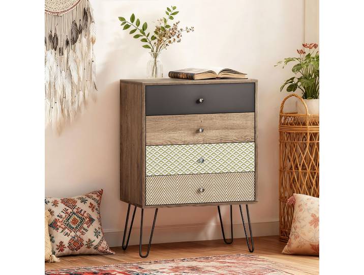 HOMCOM Commode 4 Tiroirs Style Bohème 60x39x86cm Multicolore