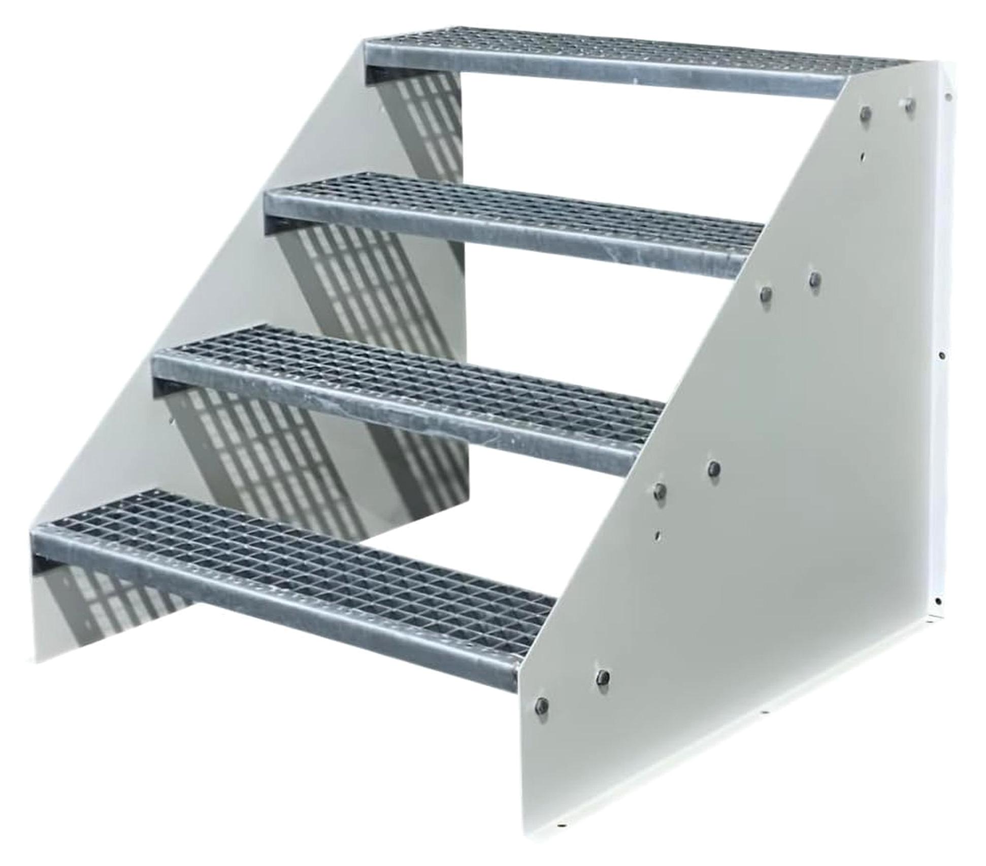 Freistehende 4-Stufen-Stahltreppe mit Gitterrost, Breite 60 cm, Höhe 84 cm, ohne Geländer