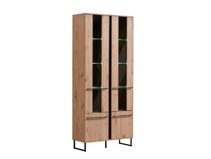 Homestyle4u Glasvitrine Vitrinenschrank Glasvitrine Wohnzimmerschrank Schrank Holz Eiche Glastüren, Kufen, Schwarz