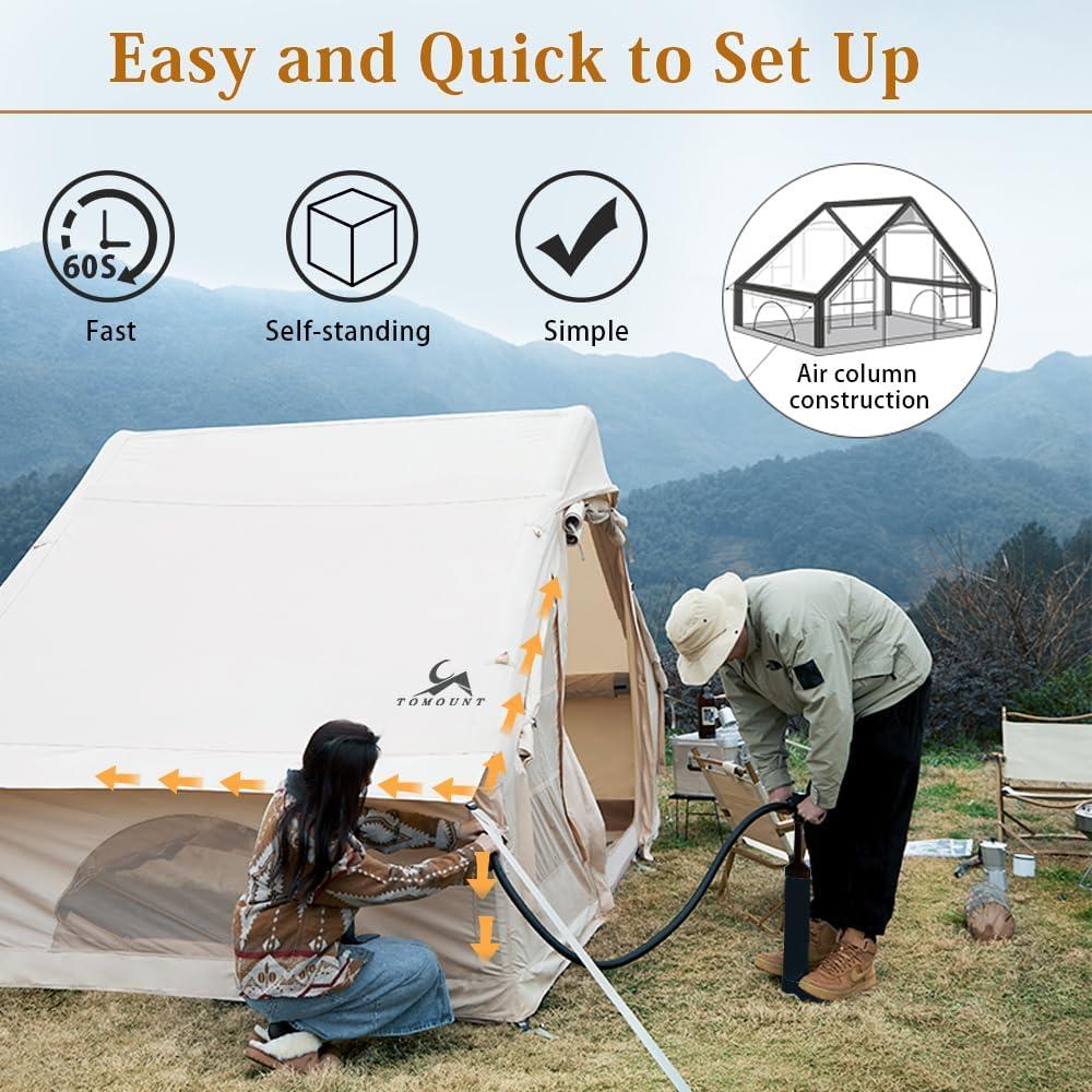 Aufblasbares Zelt, 300D wasserdichtes Polyester, Familienzelt für 4 Personen, einfach aufzubauen, Glamping-Zelt mit Aufbewahrungstasche und Luftpumpe, Campingzelt