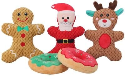 Inspire Select Christmas Plush Squeaky Dog Toy Santa, Elk & Gingerbread Chew Toy For Dogs & Cats five Sets