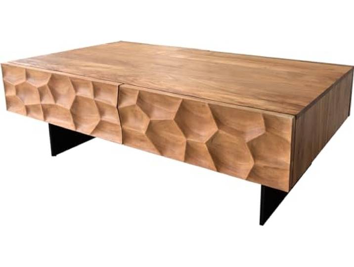 DELIFE Beistelltisch Solu Akazie Natur 120x70 cm 4 Schübe Fuß schwebend Metall Schwarz 3D-Front