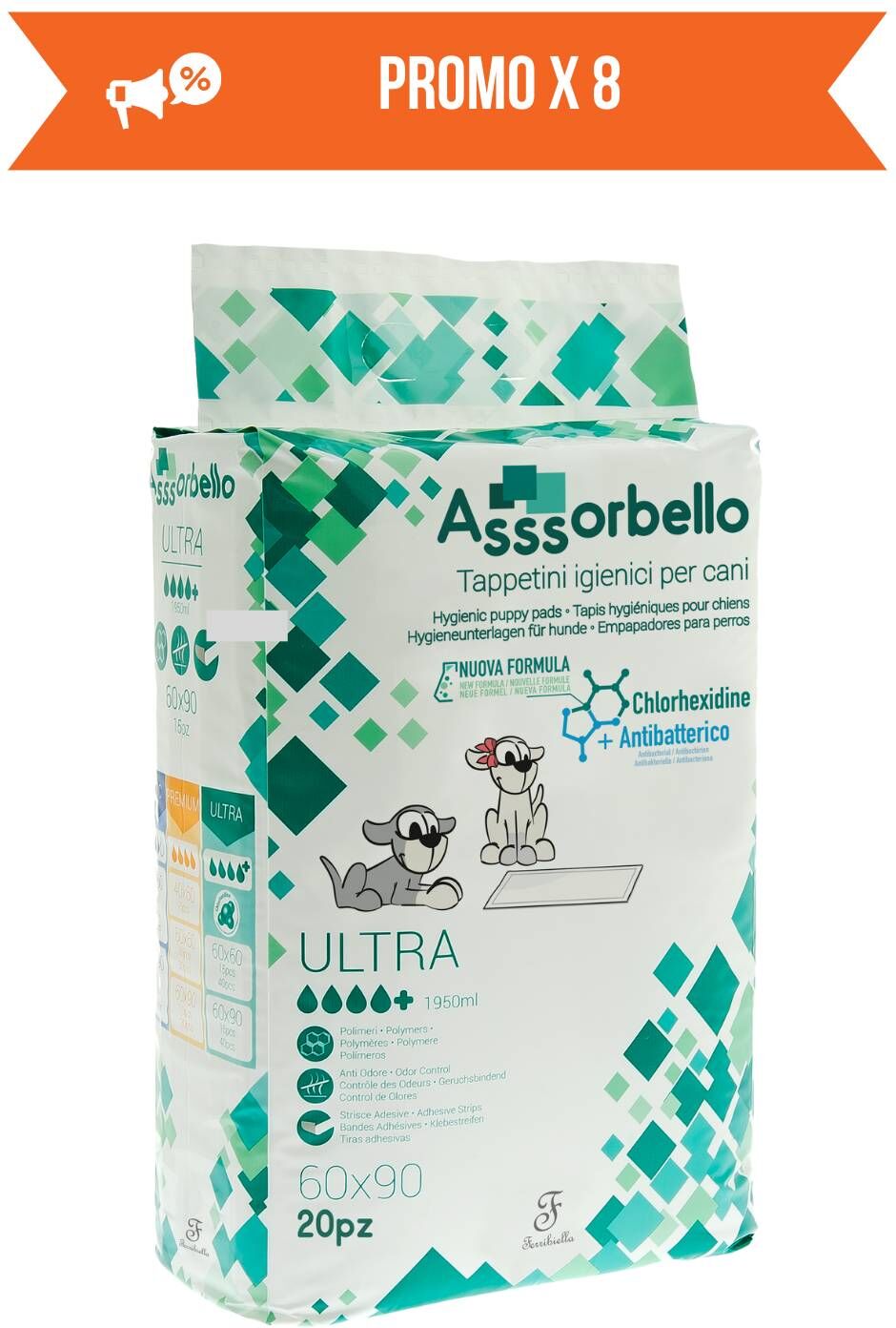 Ferribiella 8 CONF. 60 x 90 cm 20 pz Tappetini Igienici Ultra per Animali Domestici alla Clorexidina