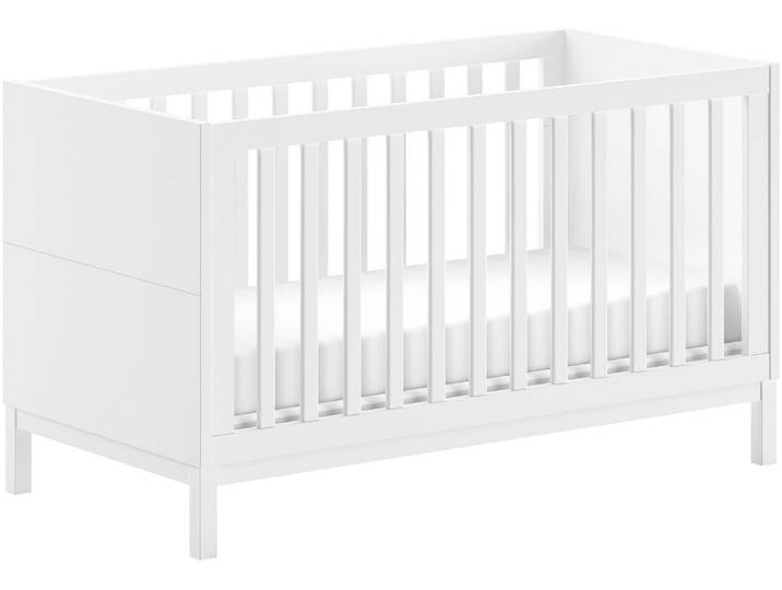 Babybett VIPACK in gradlinigem Design, standfest gebaut, pflegeleichte Oberfläche , weiss (weiß), B:74,2cm H:85cm L:145cm, Holzwerkstoff, Massivholz, Babybetten, Babybett, 70x140 cm mit 3 Schlupfsprossen, umbaubar zum Juniorbett weiss lackiert