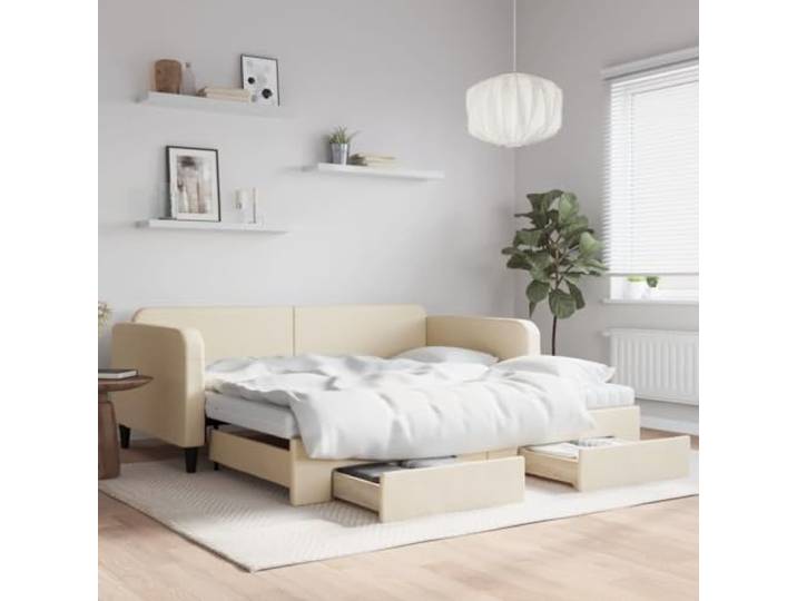 RJPLMFV Tagesbett 2-in-1 mit Ausziehbett und Schubladen, cremefarben, 100 x 200 cm