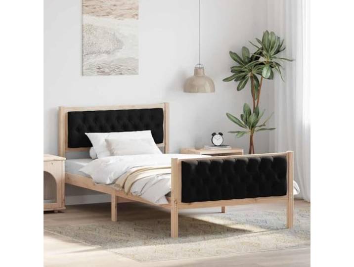 RJPLMFV Bettgestell, Kiefernholz, massiv, Schwarz, 100 x 200 cm Kopfteil gepolstert, Polyester, Lattenrost, modernes Design, einfache Pflege