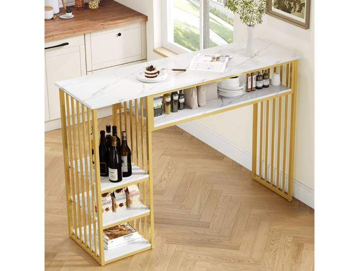 Table haute SENVIRO avec rangement 140 x 40 x 105 cm blanc et doré