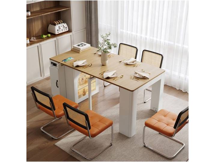 SENVIRO ilot de cuisine extensible mobile avec rangement et eclairage 83x149x77cm blanc naturel