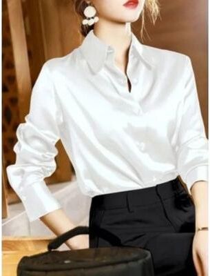 Uplift Treasures Elegant Satin Long Sleeve Womens Shirt white m(us 6)