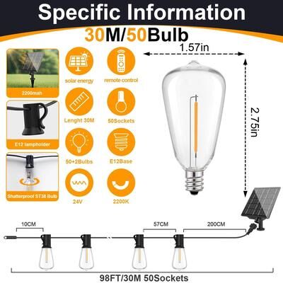 Uplift Essentials Solar Globe LED String Lights With Remote Control And USB Recharge 98ft 30m 50bulb