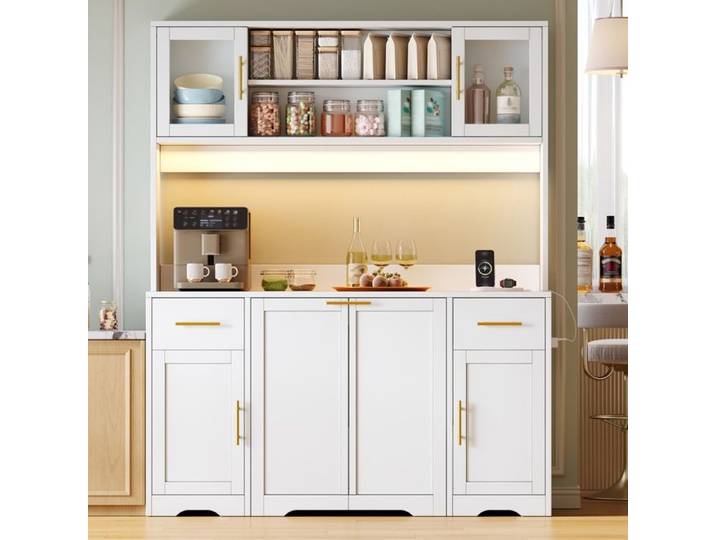 Buffet de Cuisine - Blanc - avec Compartiment Coulissant Poubelle LED Prises Plan de Travail et 2 Tiroirs - MERAX