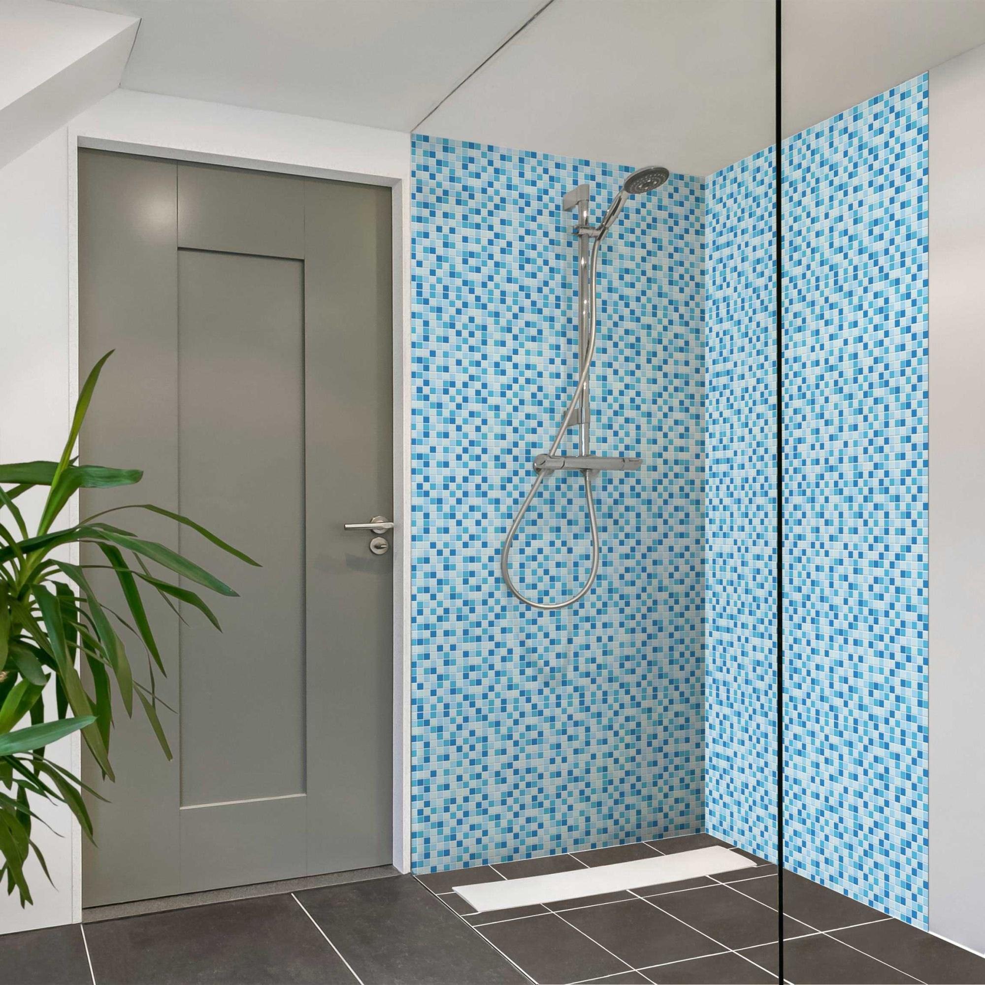 Duschrückwand mit Motiv selbstklebend - 0.61 mm Wandpaneel wasserfest Design blau Fliesenoptik Illustration Badrückwand fugenlos Premium matt 110x190 cm