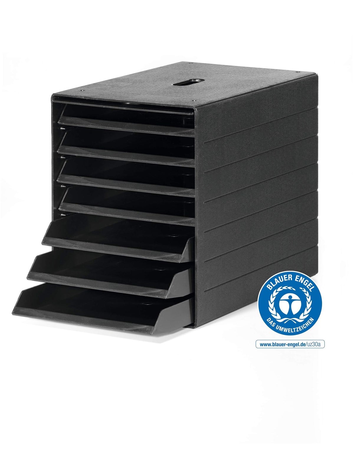 DURABLE Schubladenbox mit versenkbarer Frontplatte für die Aufbewahrung von schriftlichen Unterlagen bis Format C4. Mit 7 offenen Schubladen.