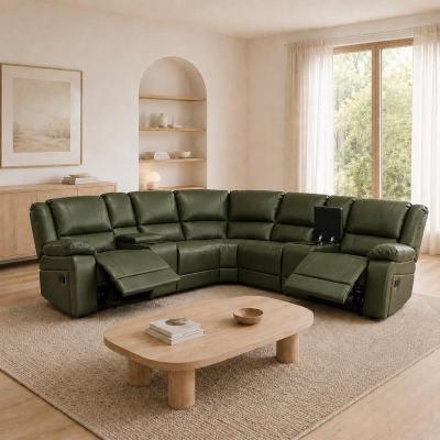 UR livingroom Faux Leather Reclining Sectional Sofa with Multi-Function Console, Living Room Set