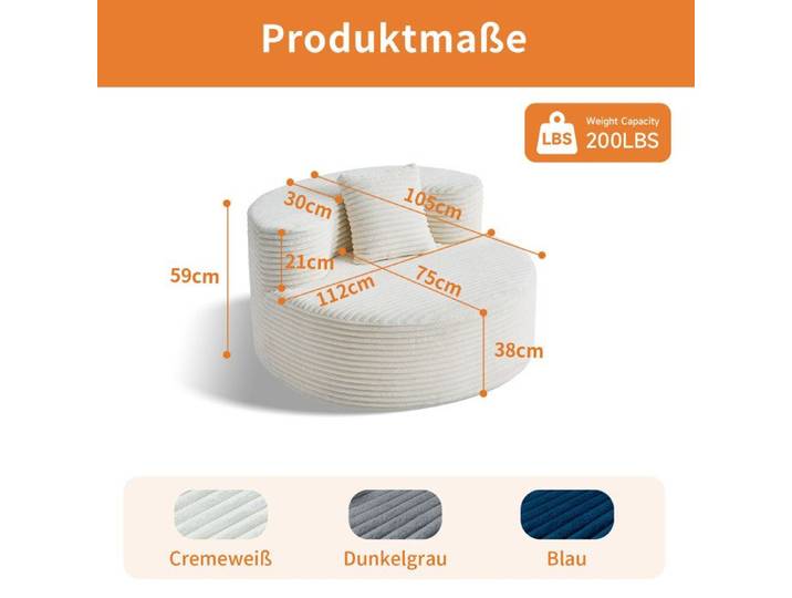 Fauteuil sac compressé en velours côtelé beige sans montage livré sous vide avec dossier et accoudoirs