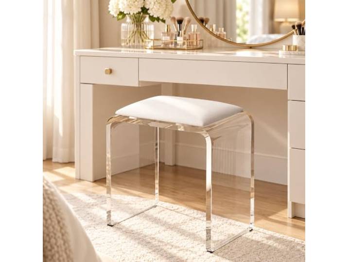 Transparenter Acryl Schminkhocker, Gepolsterter Sitz, Modernes Design Klare Acrylstruktur mit weichem Sitz für Schminktisch, Schlafzimmer, Bad und Ankleidezimmer(EF)