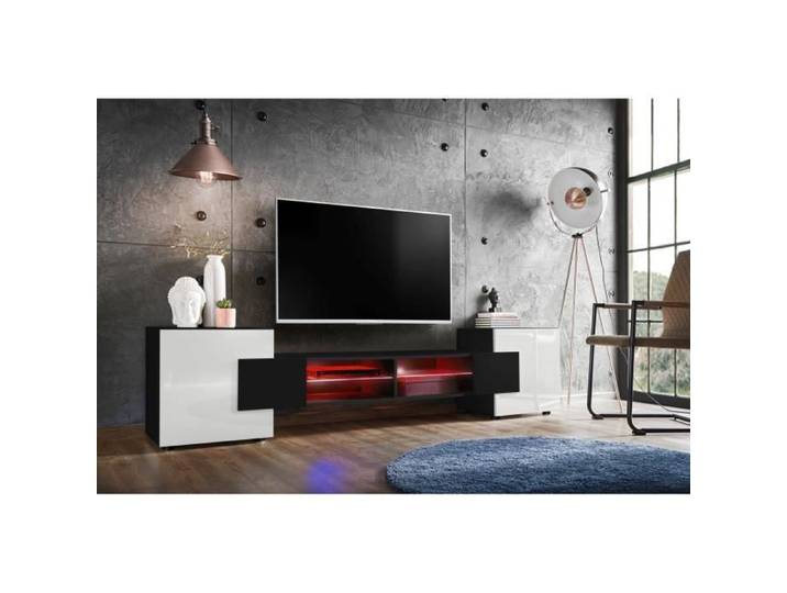 Meuble Banc TV Merano Komodee - LED RGB - Noir & Blanc - Version 2 - L230cm x H53cm x P35cm