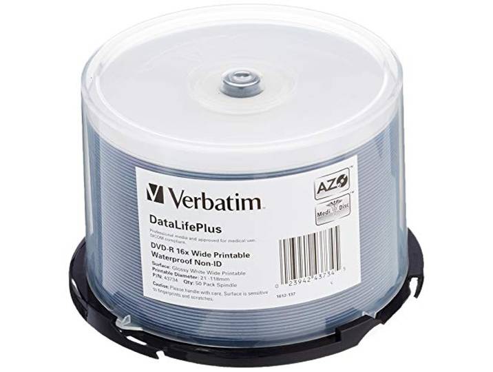 Verbatim DVD-R 4.7 GB - 16x brandsnelheid, DataLifePlus, Waterproof bedrukbaar, 50 Pack Spindle