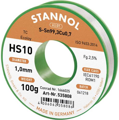 Stannol HS10 2,5% 1,0MM SN99,3CU0,7 CD 100G Lötzinn, bleifrei bleifrei, Spule Sn99,3Cu0,7 ROM1 100g 1mm