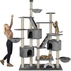 HAPPYPET XXL Kratzbaum Simba deckenhoch 260 cm - Kletterbaum Paradies, Extra Breit, Höhlen, Liegemulden, Großer Katzenbaum Stabil für Katzen, 9 cm Säulen, viel Zubehör   Grau