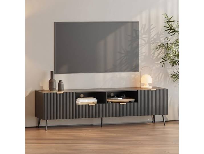 [en.casa] TV Schrank Nand Lowboard mit 2 Türen geriffelt Fernsehschrank mit 2 Schubladen 180 x 40 x 51 cm Sideboard Kommode Fernsehtisch Schwarz