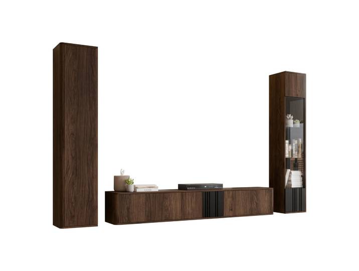Mirjan24 Wohnwand Philippe IV, Nussbaumfarben, Schwarz, Rechteckig, 190x30x31 cm, Wohnzimmer, Wohnwände