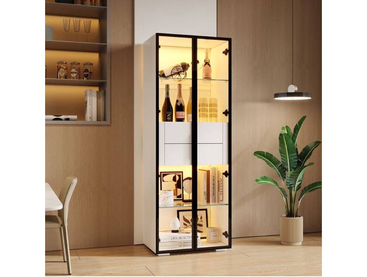 Maisentiel Vitrine haute 60 x 40 x 160 cm blanc et noir porte verre trempé LED 2 tiroirs