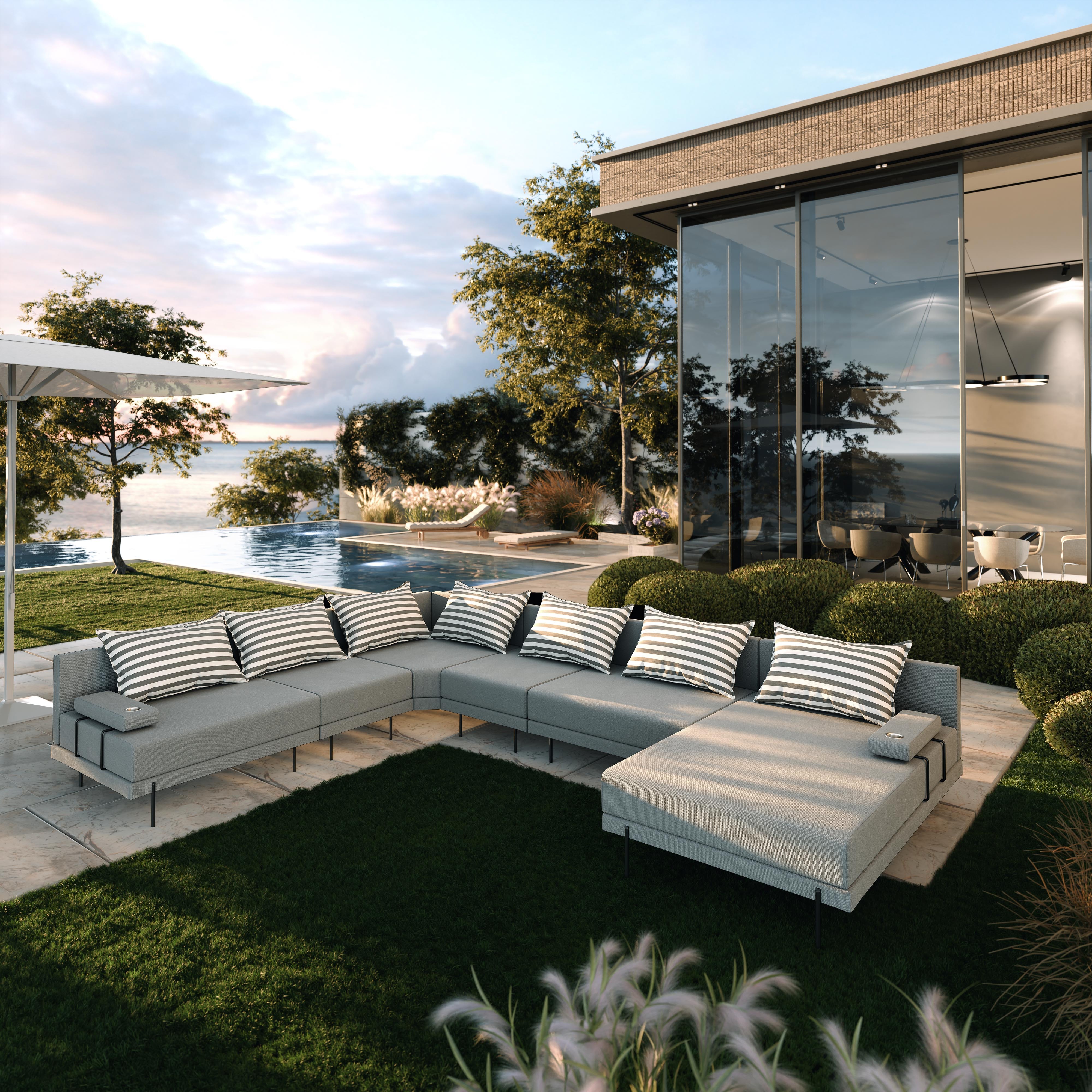TRADA Gartenecksofa Bahama XXL Streifen Grau Links 410x298 cm Gartenmöbel set Wasserabweisend Stoff
