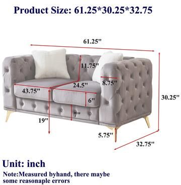 GREATPLANINC Velvet Chesterfield Loveseat Sofa, Tufted Button Upholstered 2 Seater Sofa, Lounge Sofa Chair with 2 Pillows & Metal Legs