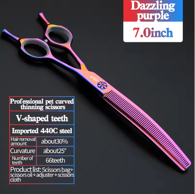 Inspire Picks Professional 7 Inch JP440C Pet Grooming Scissors Set With Curved & Fishbone Teeth Blades 7.0 Purple Teeth