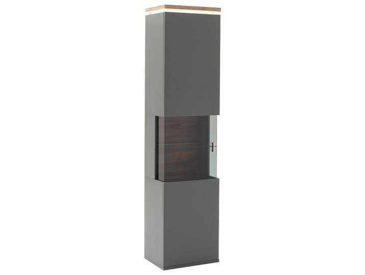 Stylife Vitrine Neapel, Grau, Eiche Wotan, Glas, 1 Glas + 4 Holz Fächer, 50x208x37 cm, Typenauswahl, Beimöbel erhältlich, stehend, Wohnzimmer, Wohnwände, Vitrinenschränke