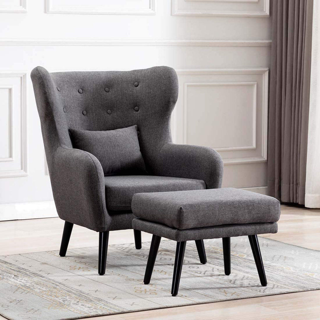 Canora Grey Glennon Upholstered Wingback Chair Grey with Footstool 94cm H X 76cm W X 81cm D