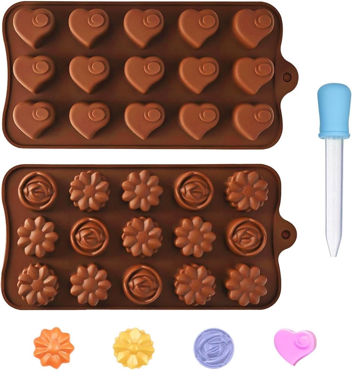 Set van 2 silicone mallen en 1 silicone dripper met hart- en bloemmotieven voor chocolade en desserts
