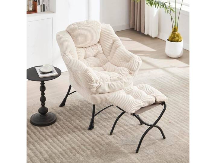Fauteuil Salon, Chaise Paresseuse avec Repose-Pieds Ottoman Pliant, Chaise Canapé de Loisirs, pour Salon, Chambre, Balcon , Blanc