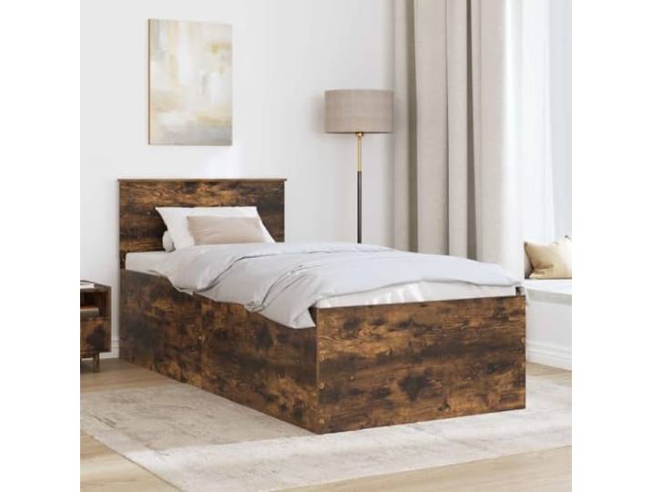 KTHLBRH Bettgestell Eiche Rauchgrau 120 x 200 cm mehrschichtiges Holz Kopfteil inklusive, feste Leisten, rechteckiges Design, nur innen