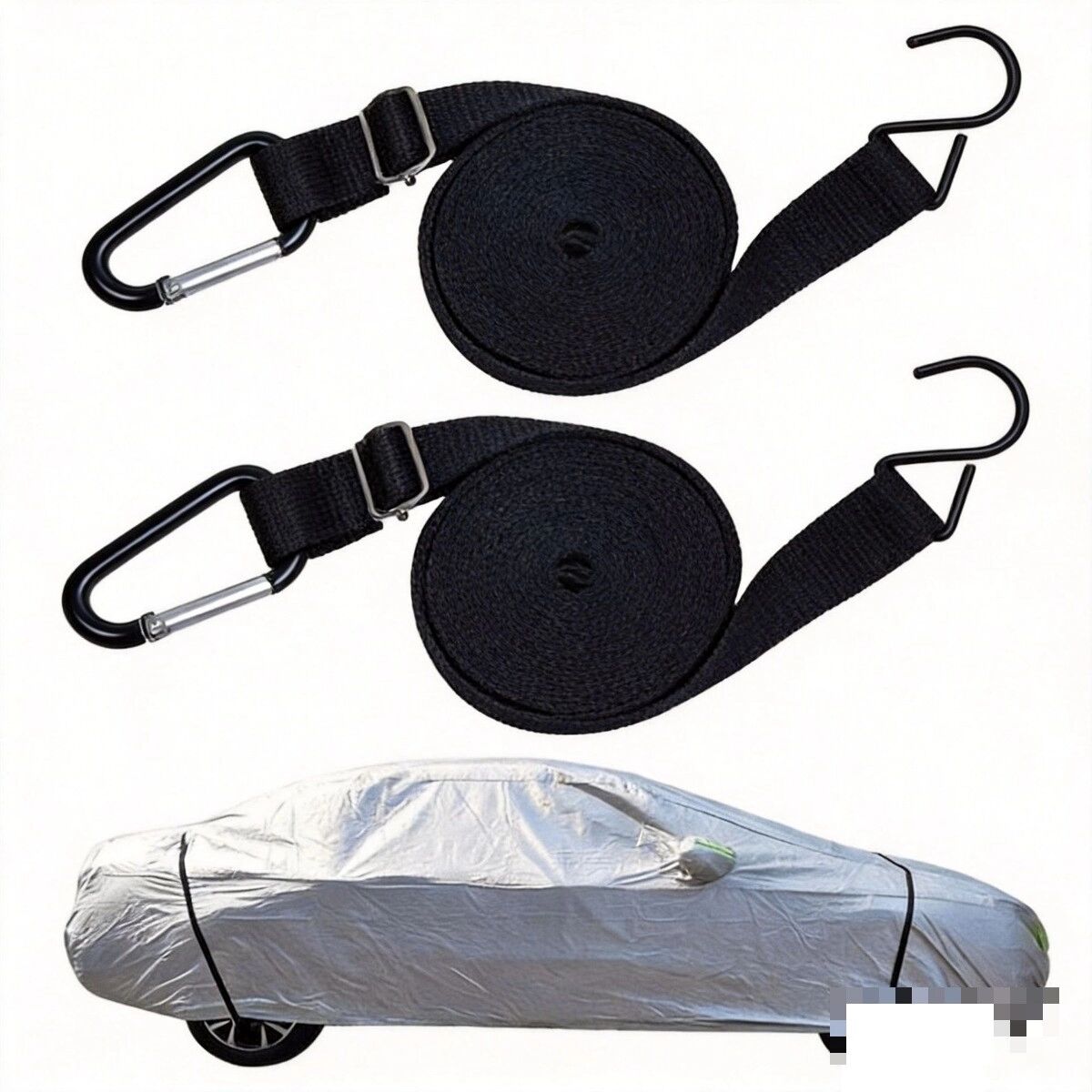 INF Spannriemen für Autoabdeckungen 2er-Pack - Nylon-Gurtband mit Haken-Design zur sicheren Befestigung Schwarz