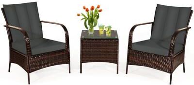 Costway 3 Pcs Patio Conversation Rattan Furniture Set with Glass Top Coffee Table and Cushions-Gray