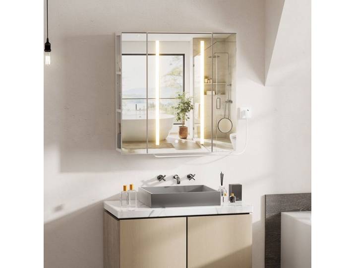 Armoire miroir LED antibuée 70cm - Blanc - 3 couleurs - Étagères réglables - Contrôle capteur - 2AC+2USB