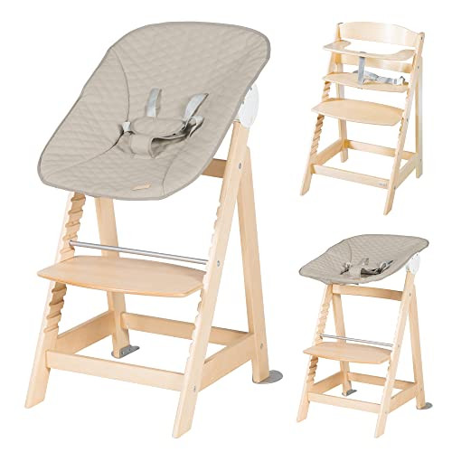 Roba Born Up 2-in-1 kinderstoelset met pasgeboren opzetstuk, Gestippeld Grijzig, Natuurlijk hout