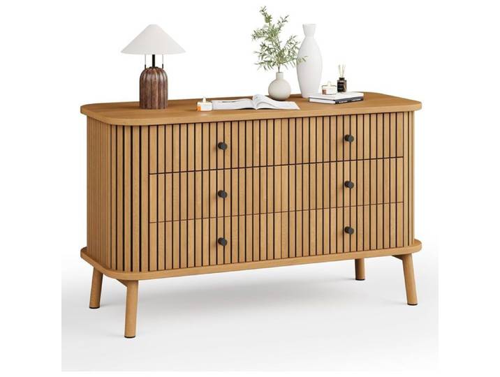 Commode Boho 6 Tiroirs - Buffet Effet Bambou Bois Naturel et Poignées Noires - 97 x 40 x 65 cm