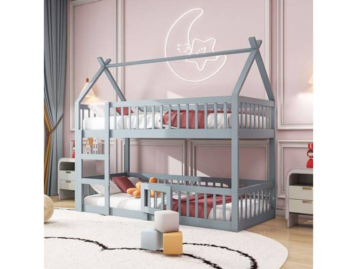 KUAKE Etagenbett 90x200, Kinderbett Hochbett für 2 Kinder, Hausbett mit Treppe und Tür, Kinderhochbett mit Rausfallschutz und Lattenrost, Bettgestell Stockbett Familienbett Loft Bett(Grau, 90×200cm)
