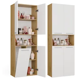 Badezimmerschrank NEL 1K DK Regal Hochschrank mit Wäschekorb EICHE ARTISAN / WEISS