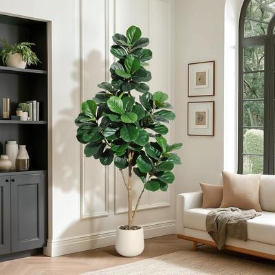 YUN Artificial Fiddle Leaf Fig Tree with 48 Leaves in White Planter Pot, Faux Ficus Lyrata Plant for Home or Office Decor