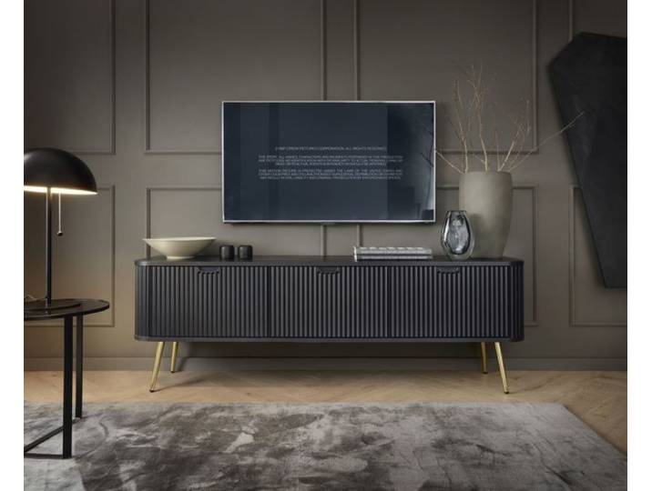 Meuble TV 3 portes avec façades à lamelles - ZOVA - 168 cm - noir avec pieds dorés