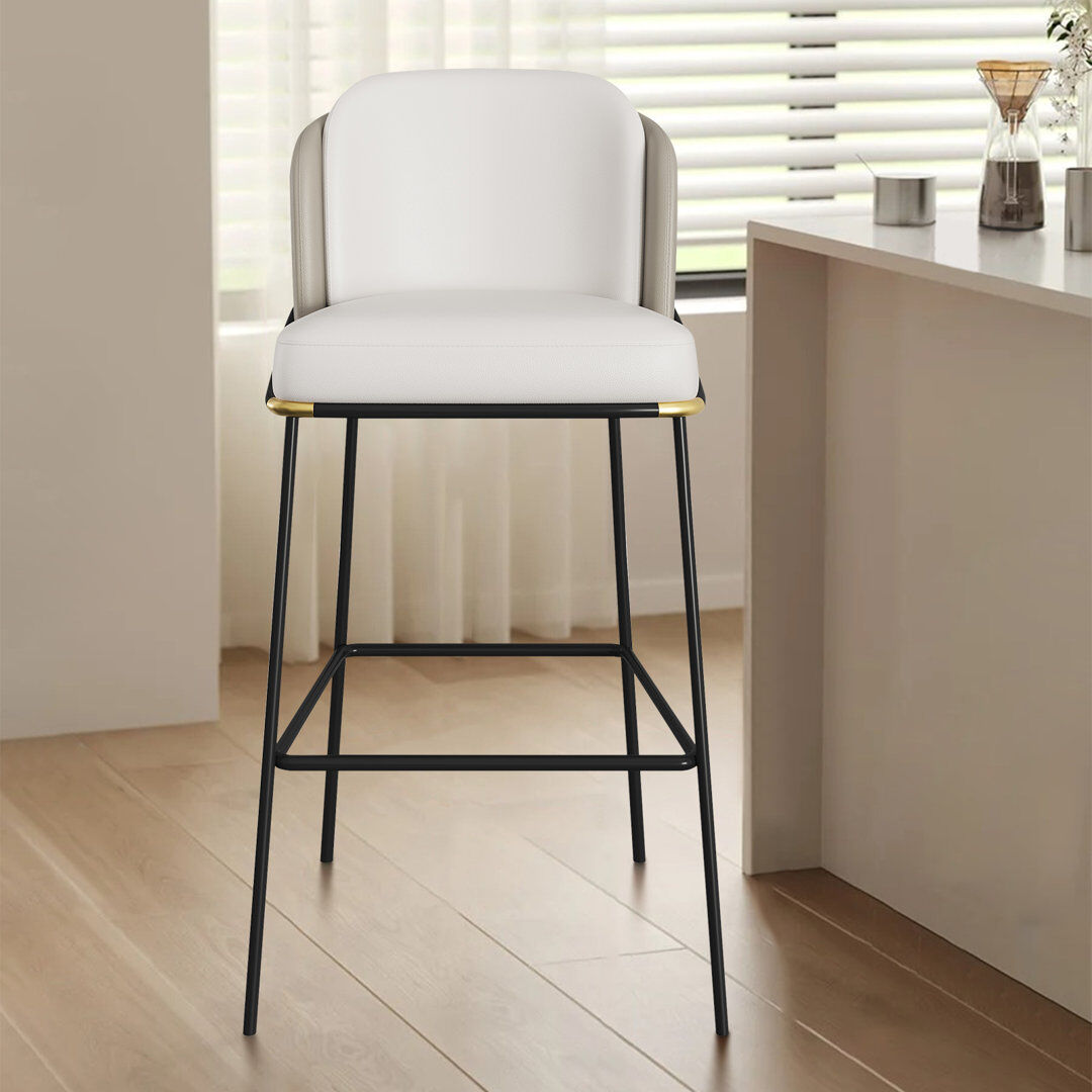 Homary Modern Bar Stools,Breakfast Bar Stools Upholstered PU Leather Kitchen Bar Stools with Metal Footrest White 102cm H X 50cm W X 53cm D