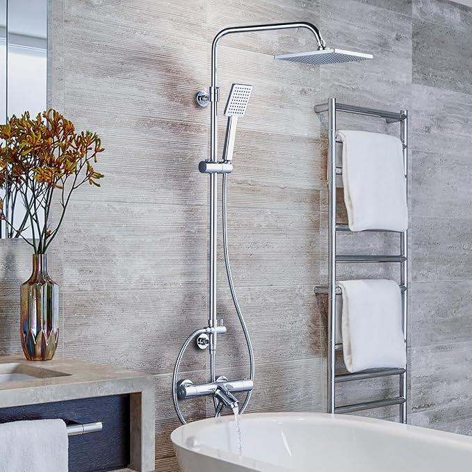 Duschsystem mit Thermostat, Komplettset mit Thermostat Badewannenarmatur 38°C Sicherheitssperre, 360° Schwenkbarer Regenduschkopf, Handbrause mit 3 Strahlarten, aus Messing und Edelstahl, Chrom