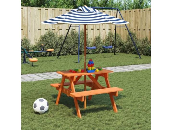 Picknicktisch für 4 Kinder mit Sonnenschirm aus Tannenholz braun Massives Fichtenholz, langlebiges Polyester, A-förmiger Rahmen, für Hof und Garten, 4-Sitzer, blauer Sonnenschirm u